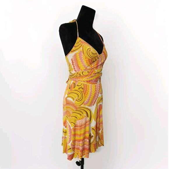 Trina Turk Silk Halter Wrap Mini Dress Psychedelic Yellow Orange Print Size 4 - Picture 2 of 5